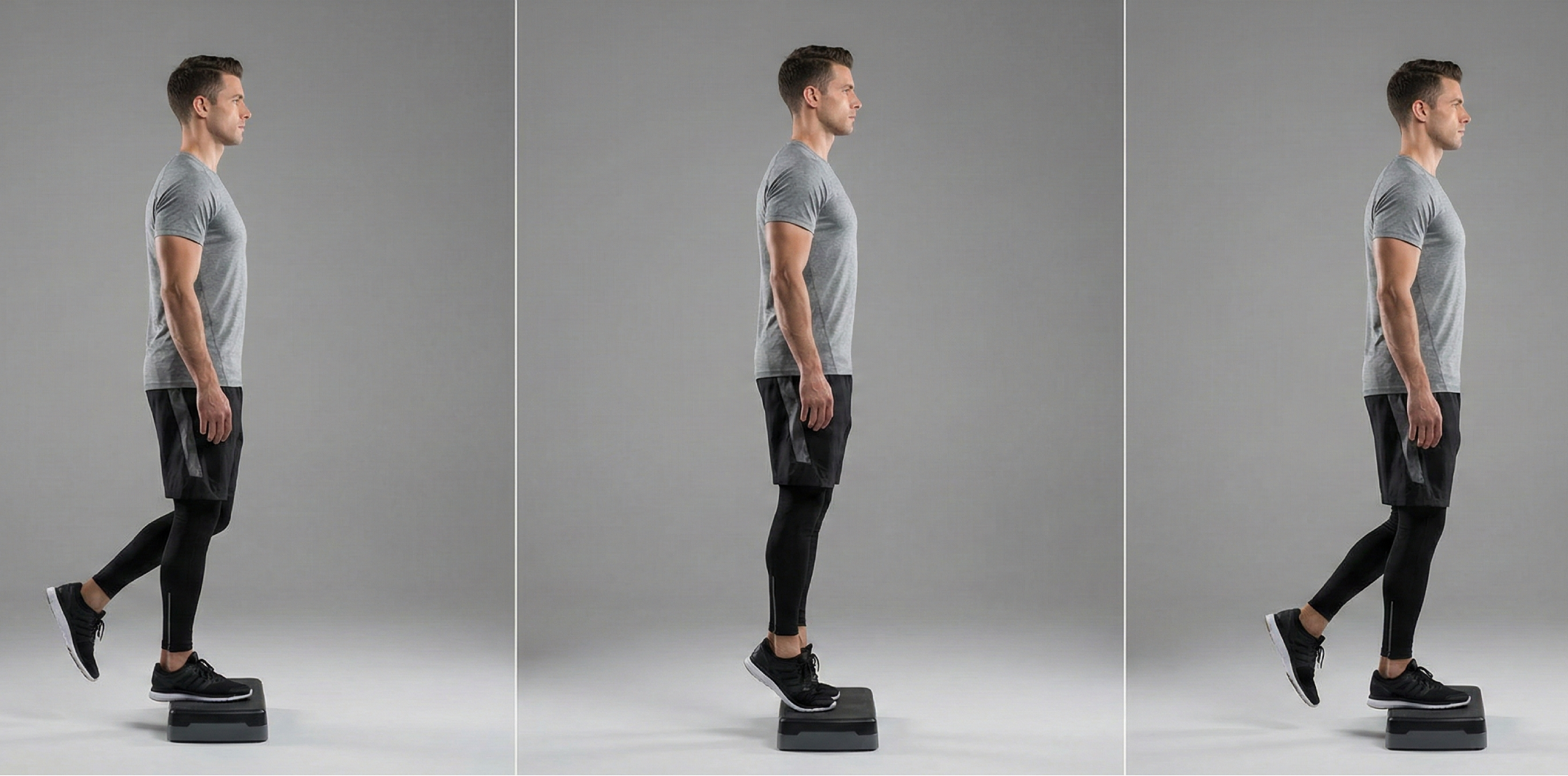 Tre steg av enbens tåhävningar: start med foten stabil, hälen sänks kontrollerat och kroppen pressas upp på tå med rak linje genom fot och knä.