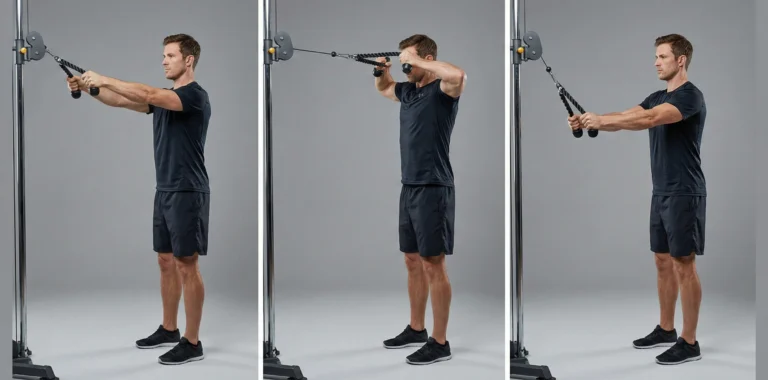 Triptyk som visar korrekt teknik för Face pulls i kabelmaskin för baksida axlar. Bilderna visar start med framåtsträckta armar, dragrörelsen mot ansiktet med höga armbågar och ihopdragna skulderblad, och kontrollerad återgång.