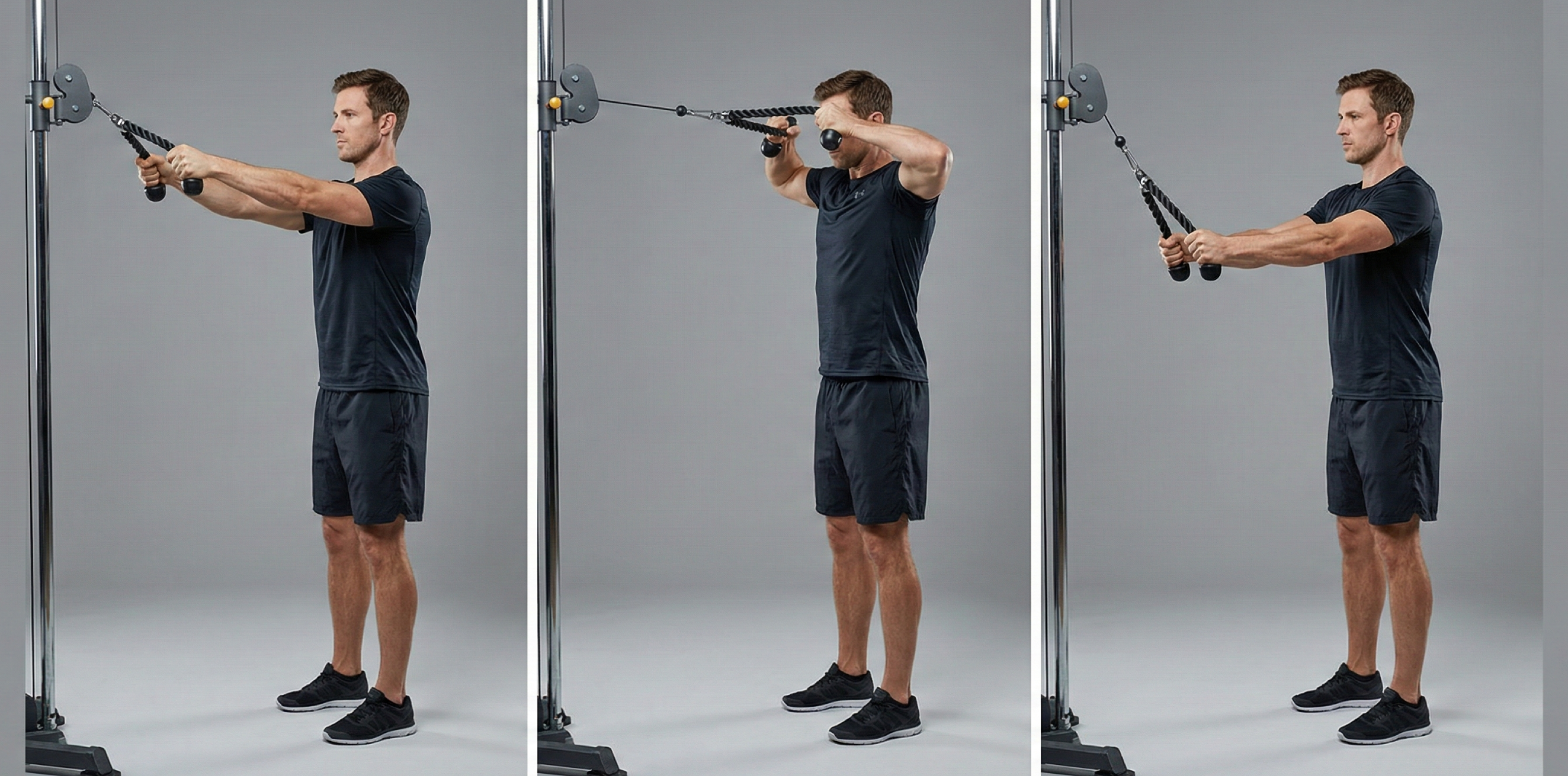 Triptyk som visar korrekt teknik för Face pulls i kabelmaskin för baksida axlar. Bilderna visar start med framåtsträckta armar, dragrörelsen mot ansiktet med höga armbågar och ihopdragna skulderblad, och kontrollerad återgång.