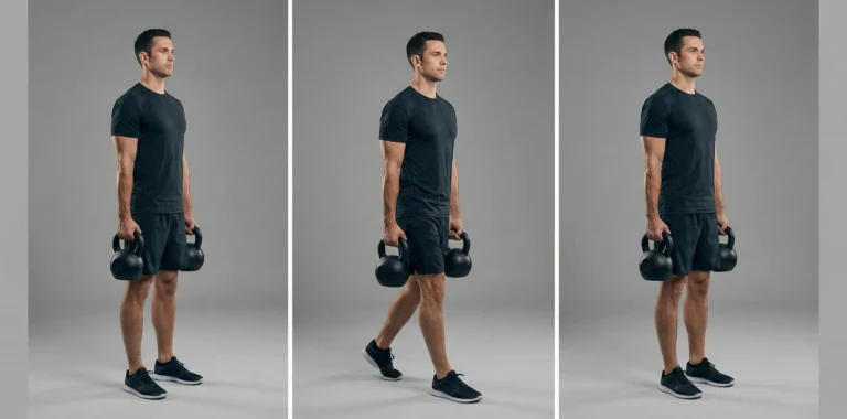 Bildserie som visar korrekt kroppshållning under Farmers walk med kettlebells. Visar en stabil startposition med stolt bröst, själva gångrörelsen med bibehållen bålstabilitet och neutral nacke, samt ett kontrollerat avslut.