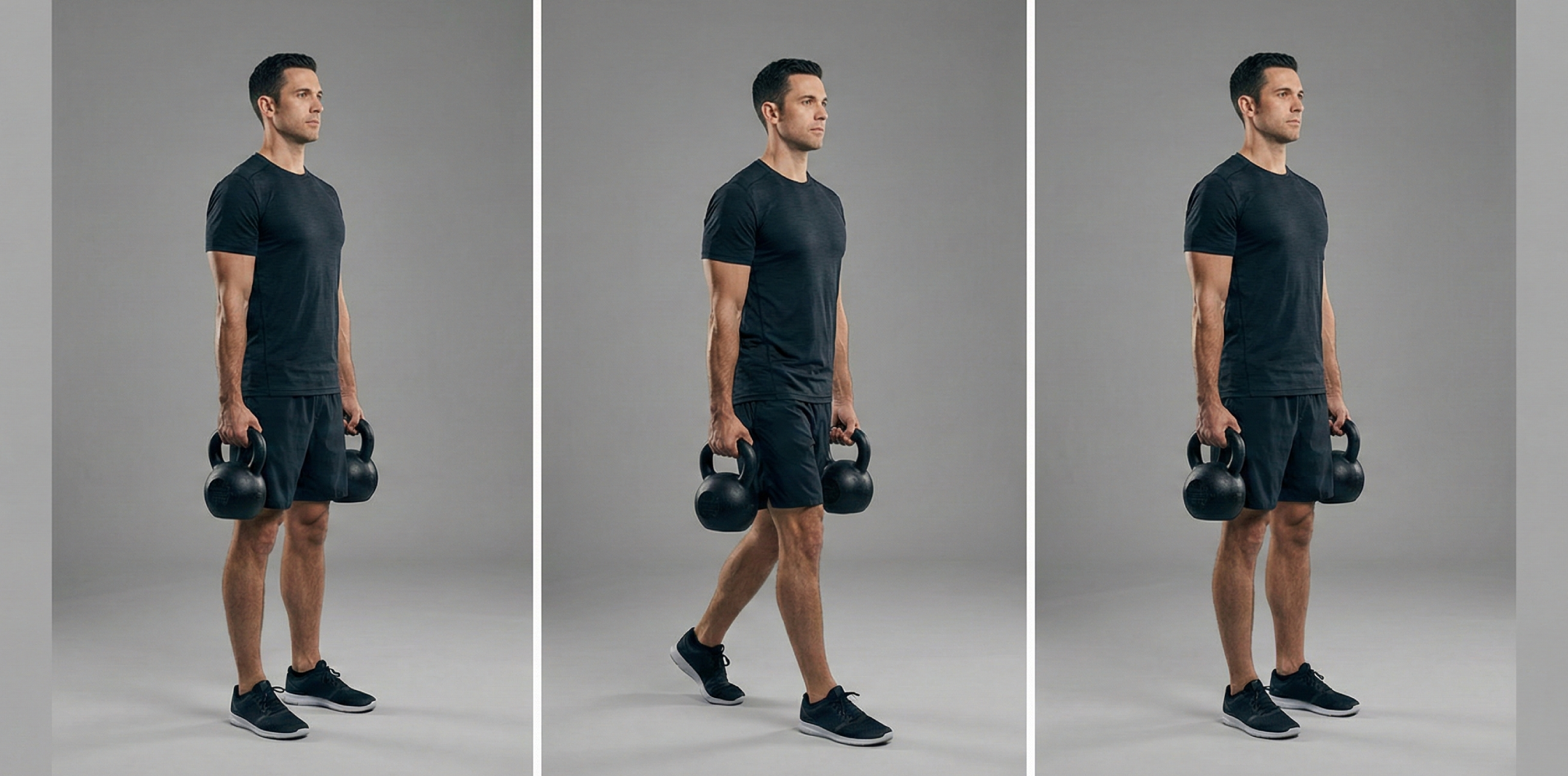 Bildserie som visar korrekt kroppshållning under Farmers walk med kettlebells. Visar en stabil startposition med stolt bröst, själva gångrörelsen med bibehållen bålstabilitet och neutral nacke, samt ett kontrollerat avslut.