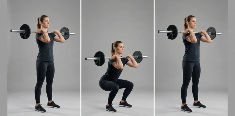 Triptyk som instruerar i korrekt teknik för Frontböj (front squat) med skivstång. Bilderna visar startposition med hög armbågsföring, ett djupt knäböj med upprätt torso och stabil bål, och press tillbaka till stående startläge.