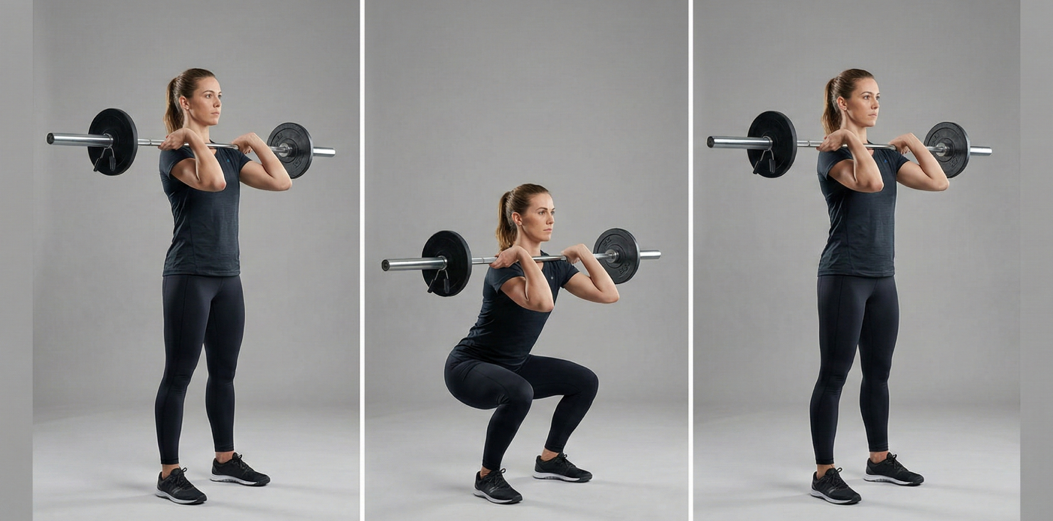 Triptyk som instruerar i korrekt teknik för Frontböj (front squat) med skivstång. Bilderna visar startposition med hög armbågsföring, ett djupt knäböj med upprätt torso och stabil bål, och press tillbaka till stående startläge.