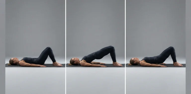 Instruktionstriptyk för grundövningen Glute bridge (höftlyft). Visar startläge liggandes på rygg med böjda knän, toppläget med full höftsträckning där sätet spänns, samt en kontrollerad återgång till golvet.