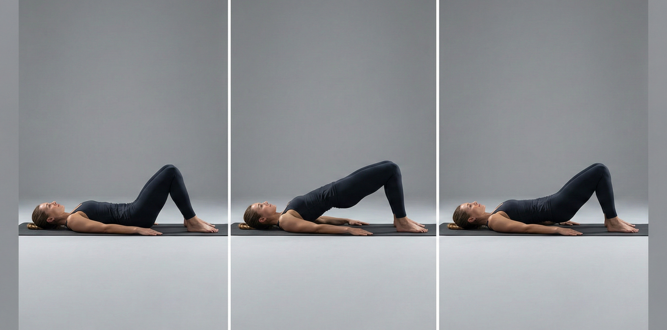 Instruktionstriptyk för grundövningen Glute bridge (höftlyft). Visar startläge liggandes på rygg med böjda knän, toppläget med full höftsträckning där sätet spänns, samt en kontrollerad återgång till golvet.