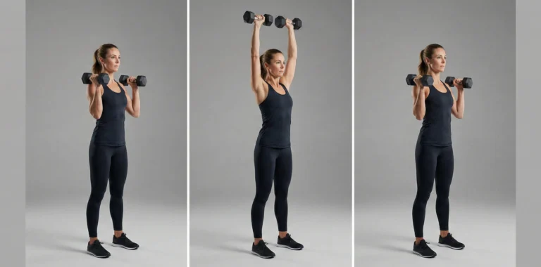 Tre steg av stående hantel axelpress: start med hantlar vid axlarna, press upp över huvudet och återgång med stabil bål och neutral rygg.