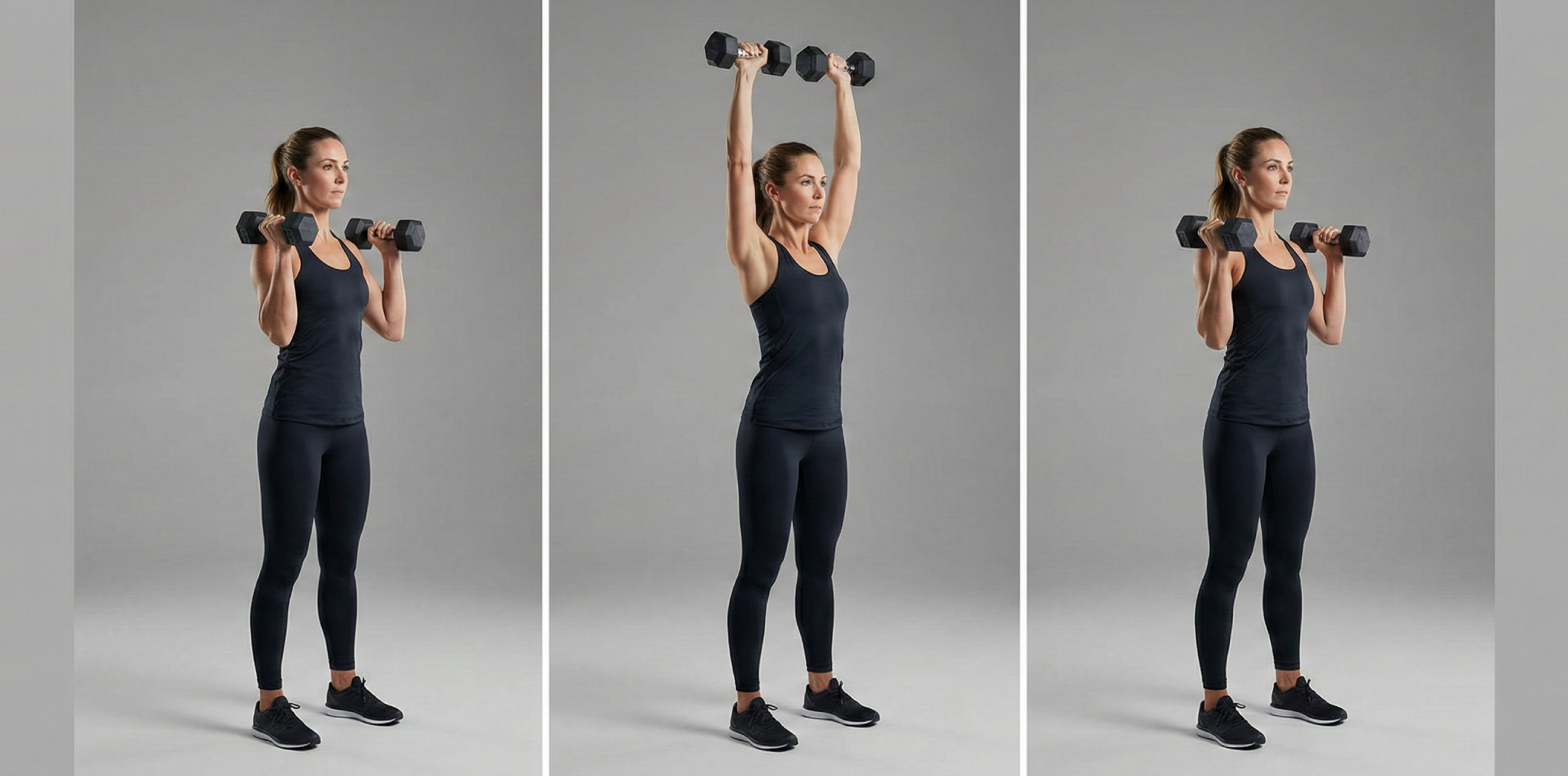 Tre steg av stående hantel axelpress: start med hantlar vid axlarna, press upp över huvudet och återgång med stabil bål och neutral rygg.