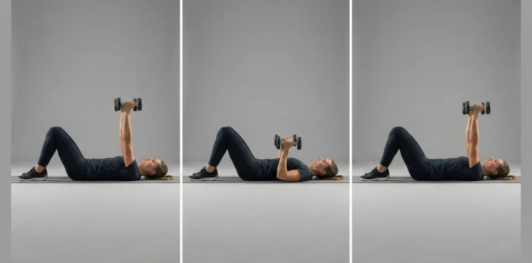 Tre steg av floor press med hantlar: start liggande på golv med armbågar i stöd, hantlar sänks kontrollerat och pressas upp till raka armar.