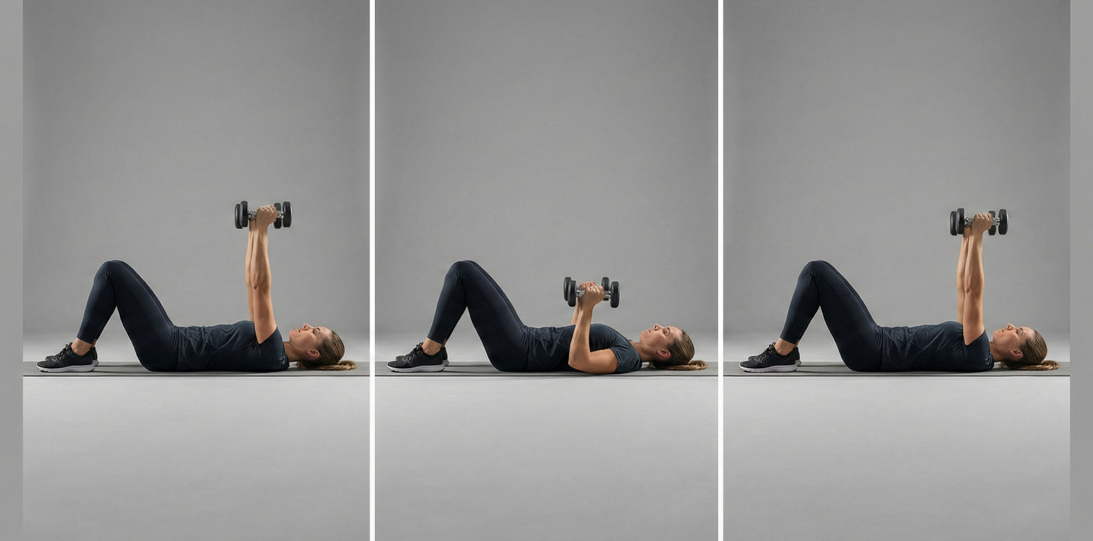 Tre steg av floor press med hantlar: start liggande på golv med armbågar i stöd, hantlar sänks kontrollerat och pressas upp till raka armar.