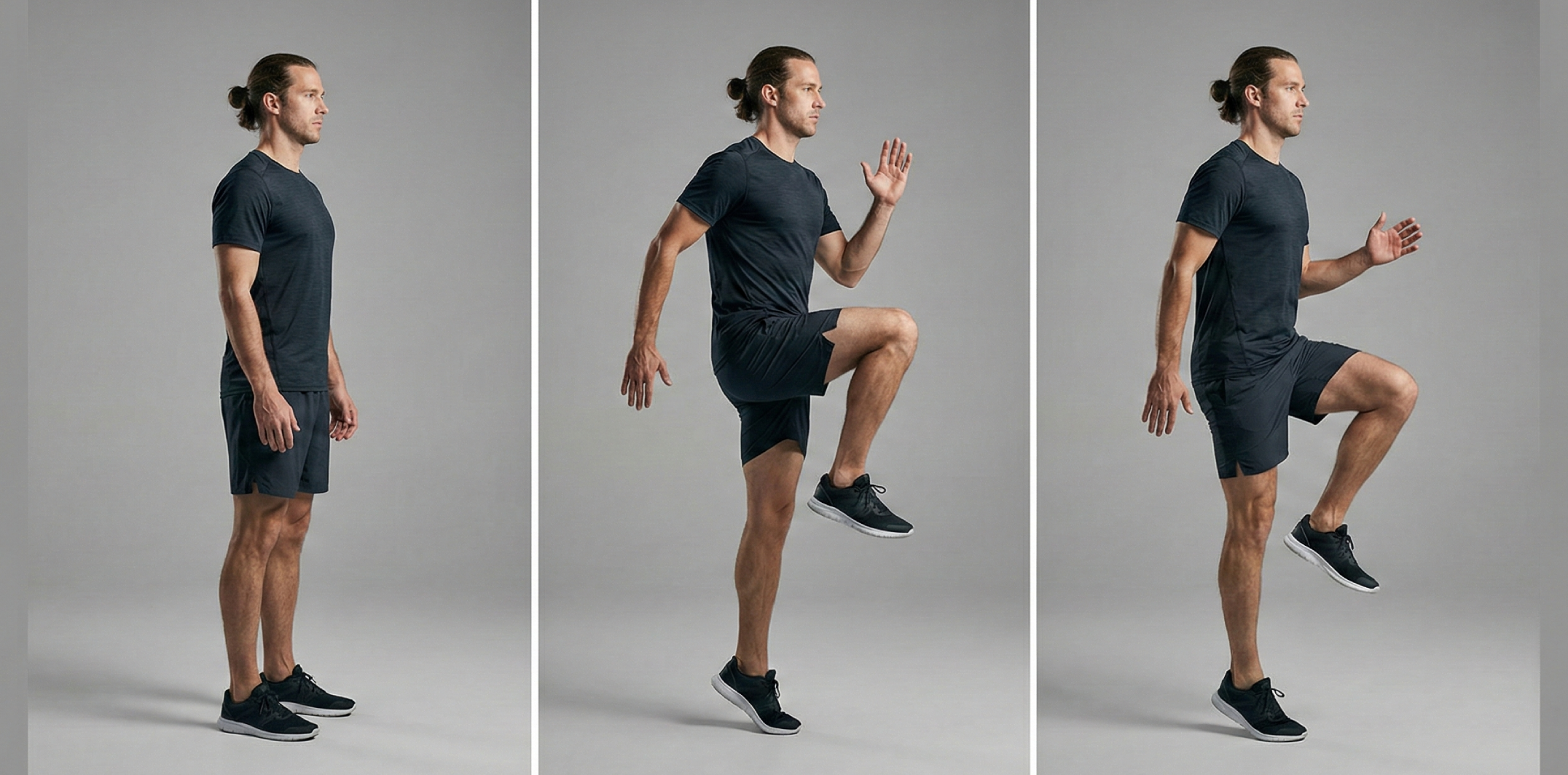 Tre steg av high knees: start stående, knä lyfts högt mot höften och snabb växling med upprätt hållning och aktiv armföring.