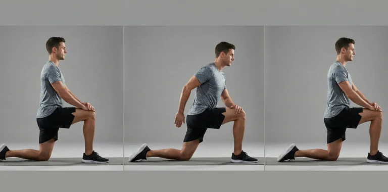 Tre steg av höftböjarstretch i utfallsposition: stabilt startläge, bäckenet tippas lätt bakåt och höften förs fram för tydlig stretch utan att svanka