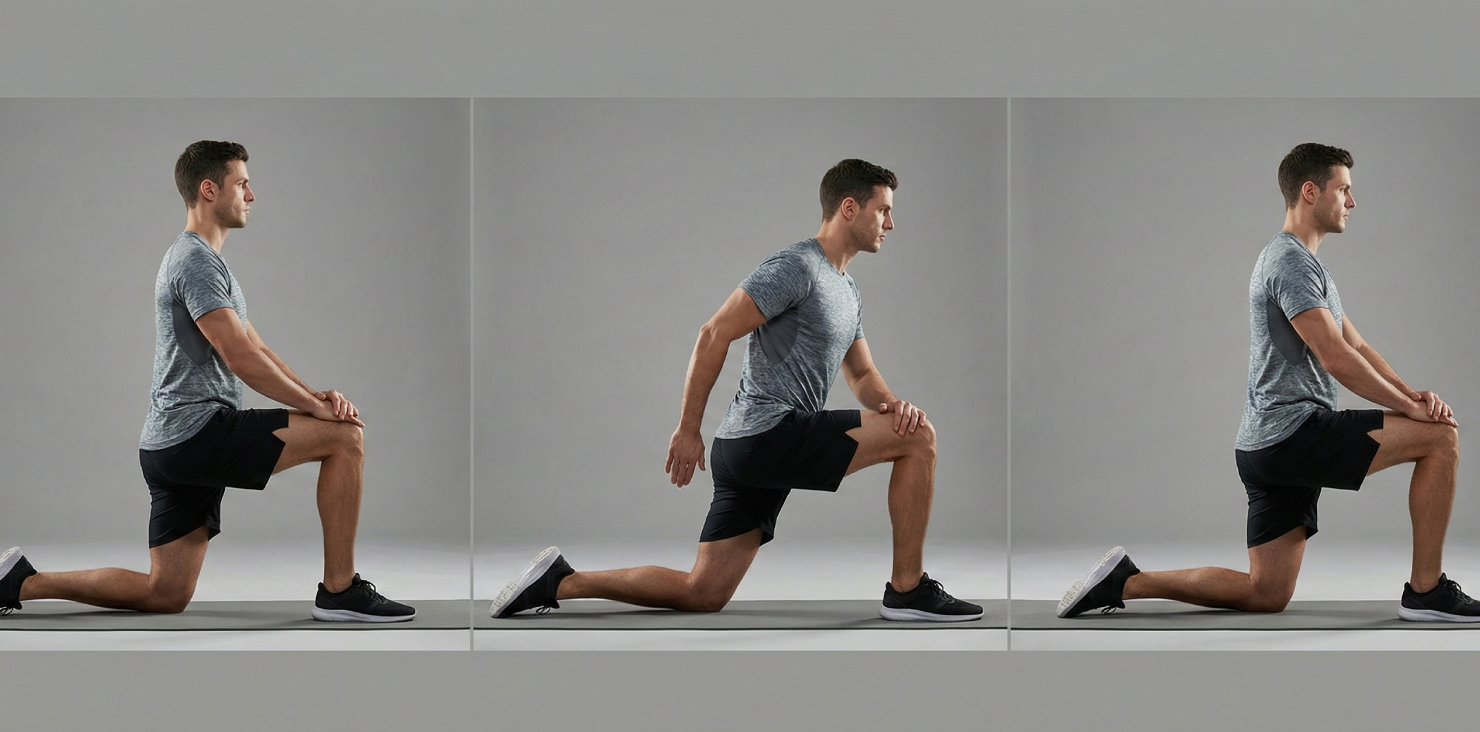 Tre steg av höftböjarstretch i utfallsposition: stabilt startläge, bäckenet tippas lätt bakåt och höften förs fram för tydlig stretch utan att svanka