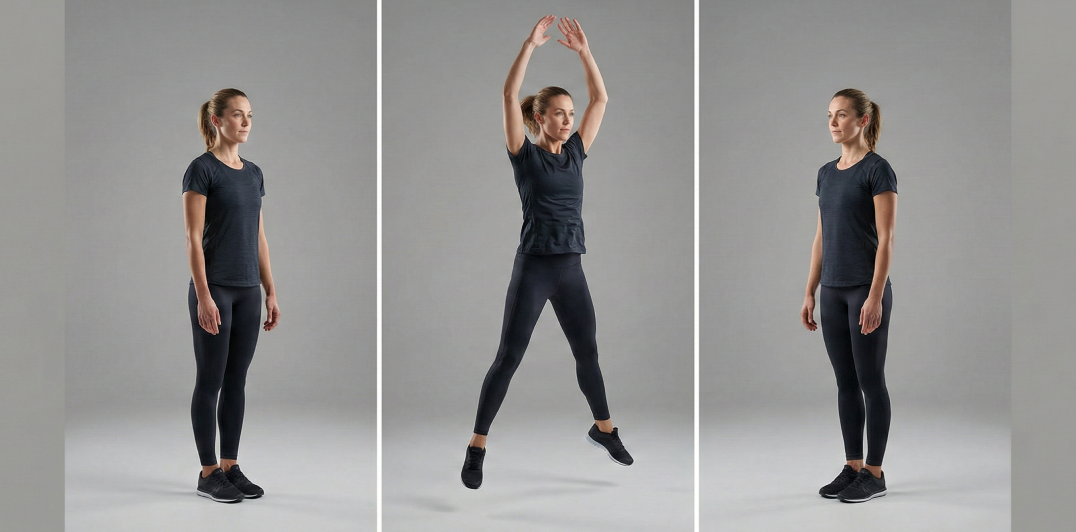 Tre steg av jumping jacks: start med fötter ihop och armar nere, hopp ut med armar upp över huvudet och hopp tillbaka till start med kontroll.