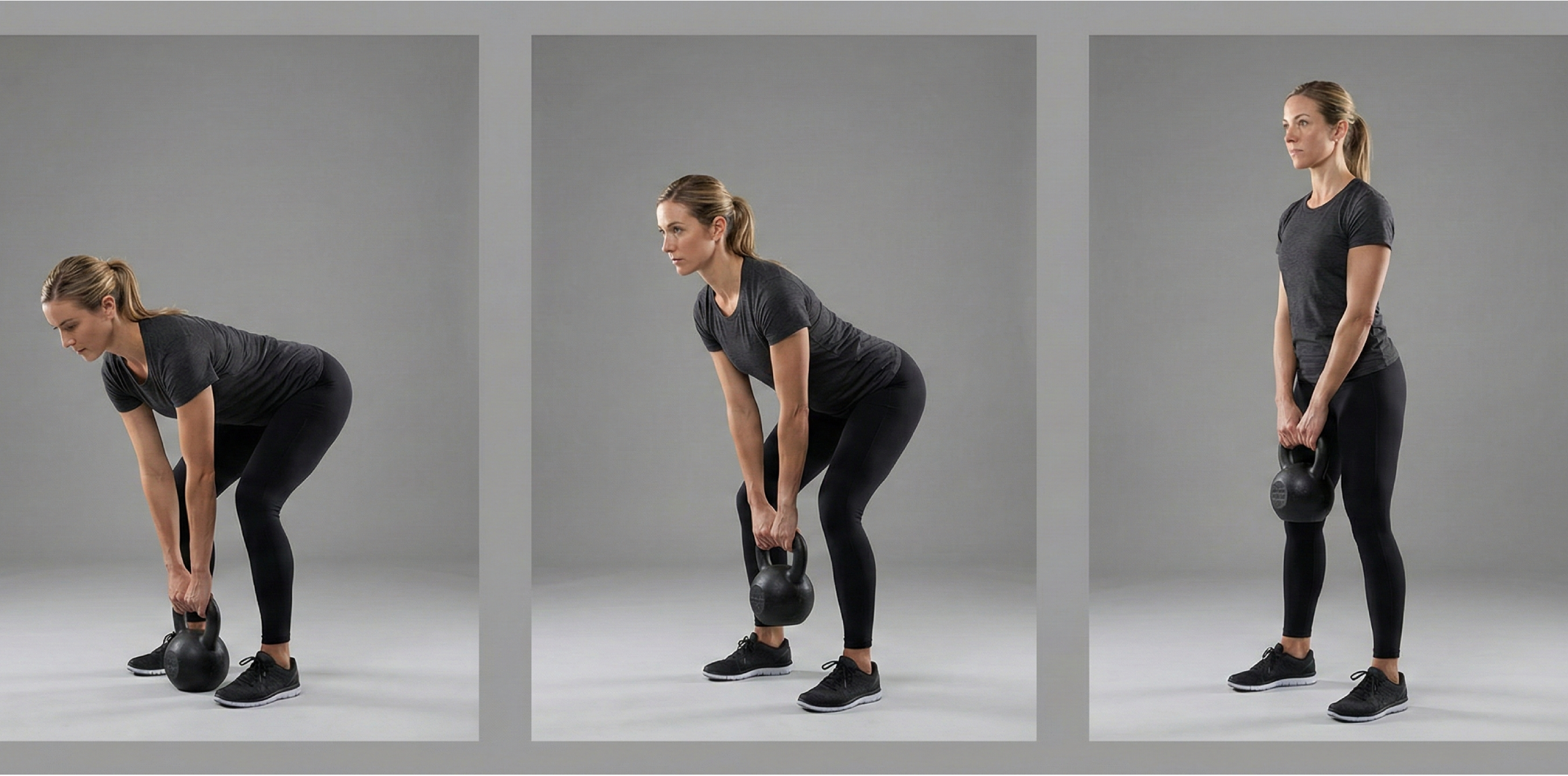 Tre steg av kettlebell deadlift: start med kettlebell mellan fötterna, höftfällning med neutral rygg och uppresning med spänd bål och höftsträckning.