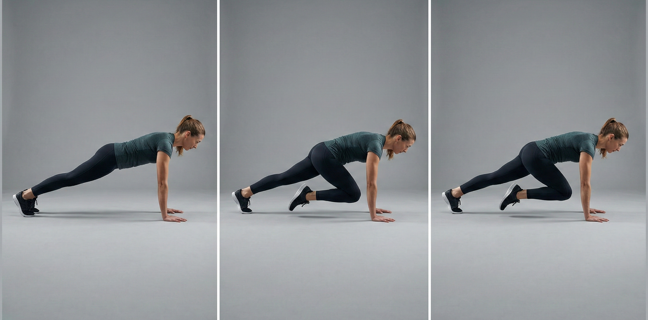 Tre steg av mountain climbers: start i plankposition, ett knä drivs mot bröstet och växling i snabbt men kontrollerat tempo med stabil höft.