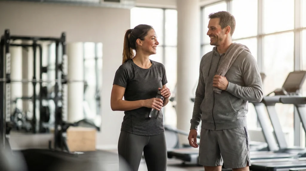 En leende kvinna och man i träningskläder står och pratar på ett ljust gym, troligen efter ett träningspass. Hon håller en vattenflaska och han har en handduk över axeln.