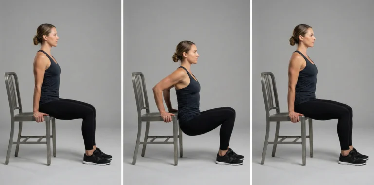 Tre steg av triceps dips mot stol: händer på stolens kant, kontrollerad sänkning med armbågar bakåt och upppress till raka armar med stabila axlar.