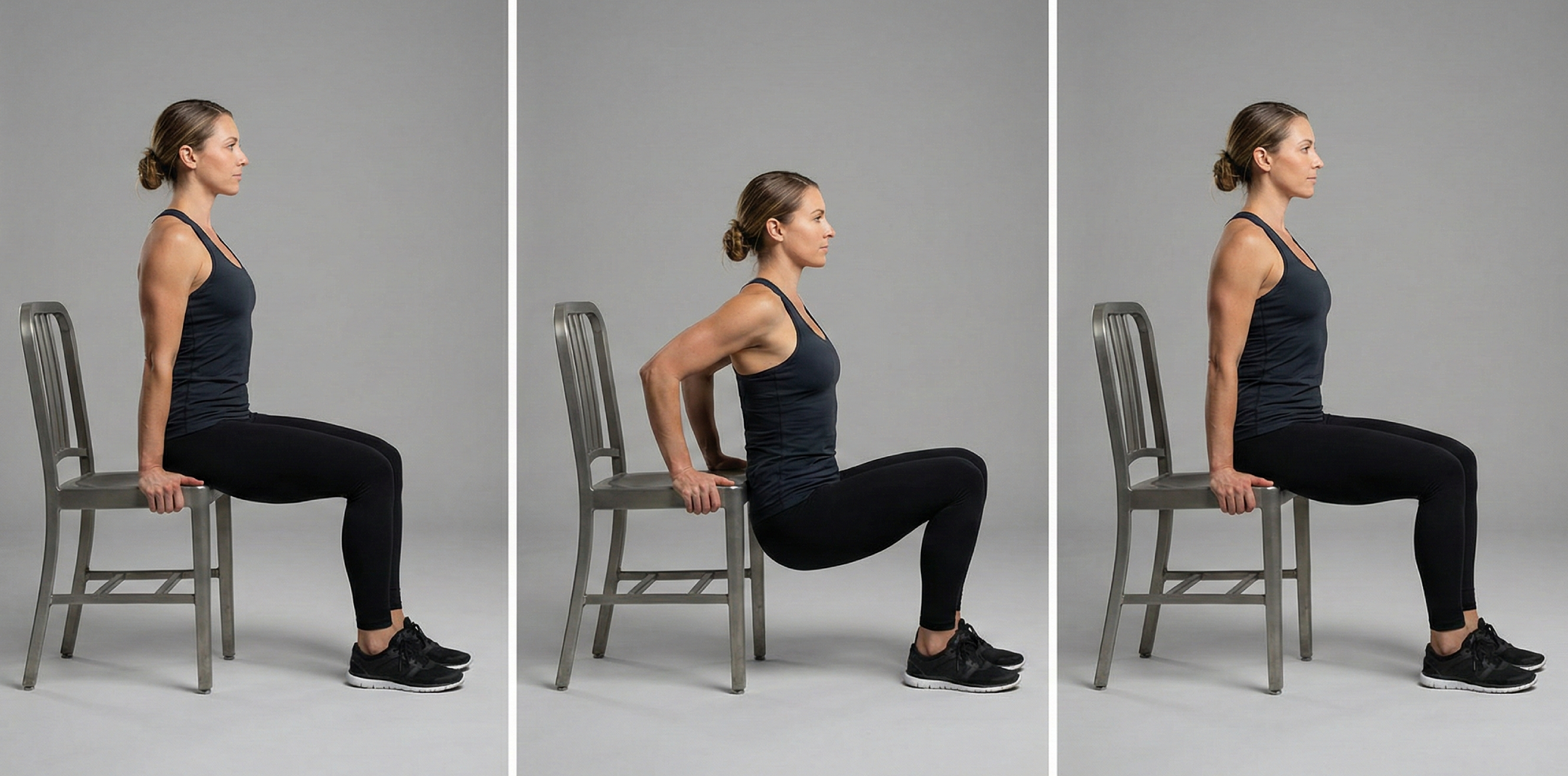 Tre steg av triceps dips mot stol: händer på stolens kant, kontrollerad sänkning med armbågar bakåt och upppress till raka armar med stabila axlar.